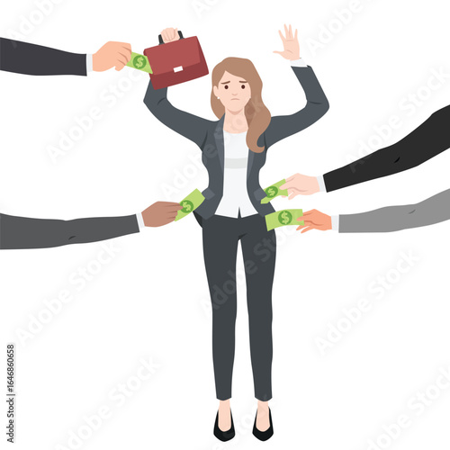 Businesswoman distressed as multiple hands reach toward her with money, demands, or unwanted offers. Flat vector illustration isolated on white background