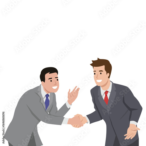 Two businessmen in suits happily shaking hands, symbolizing cooperation and successful partnership. Flat vector illustration isolated on white background
