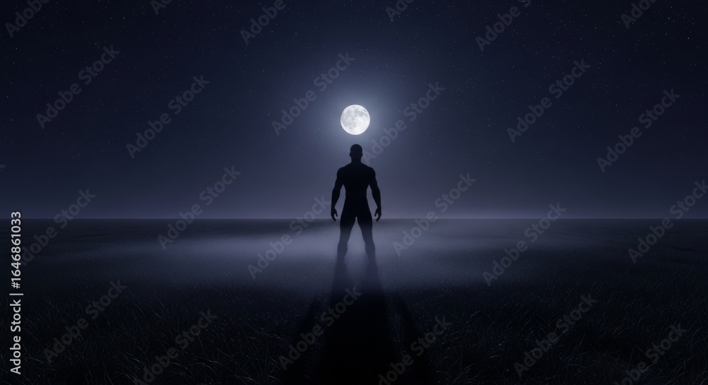 Fototapeta premium Silhouette of a figure under a bright full moon in an open landscape
