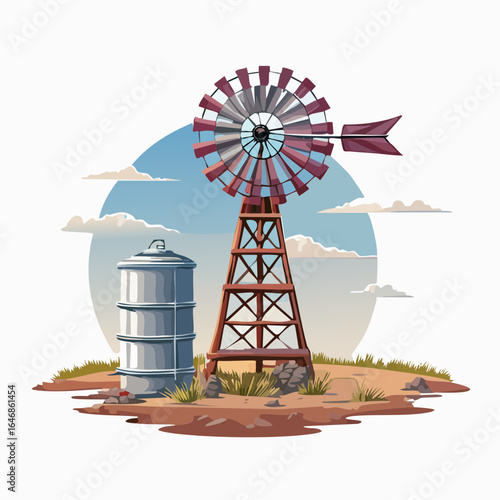 Rustic windmill and tank in dry paddock with wide rural backdrop
