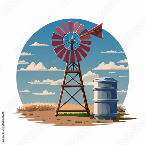 Rustic windmill and tank in dry paddock with wide rural backdrop