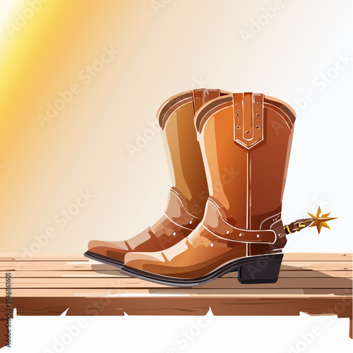 Classic western boots with spurs on porch in warm rustic setting