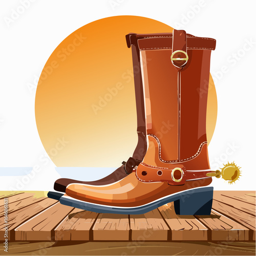 Classic western boots with spurs on porch in warm rustic setting