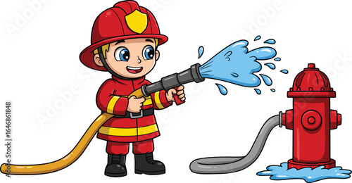 Cute firefighter cartoon kid spraying water from hose, red fire hydrant, fire safety, emergency responder, protective gear, firefighter uniform, young hero, safety awareness, firefighting scene