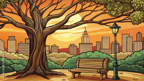  A bench sits under a tree, framed by a cityscape in the background, depicted in a colorful illustration.
