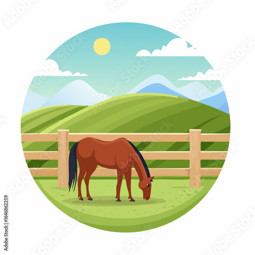 Peaceful horse grazing by corral with scenic rural hill backdrop