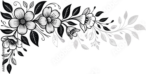Black and White Floral Happy Birthday Card Illustration with Elegant Flowers and Leaves