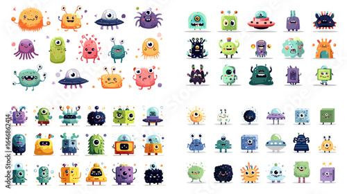 Fun and colorful alien characters in various shapes and expressions, perfect for sci-fi games, kids’ illustrations, and fantasy designs.