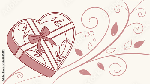 Heart shaped chocolate box vector design for valentine's day gift with floral design and bow illustration