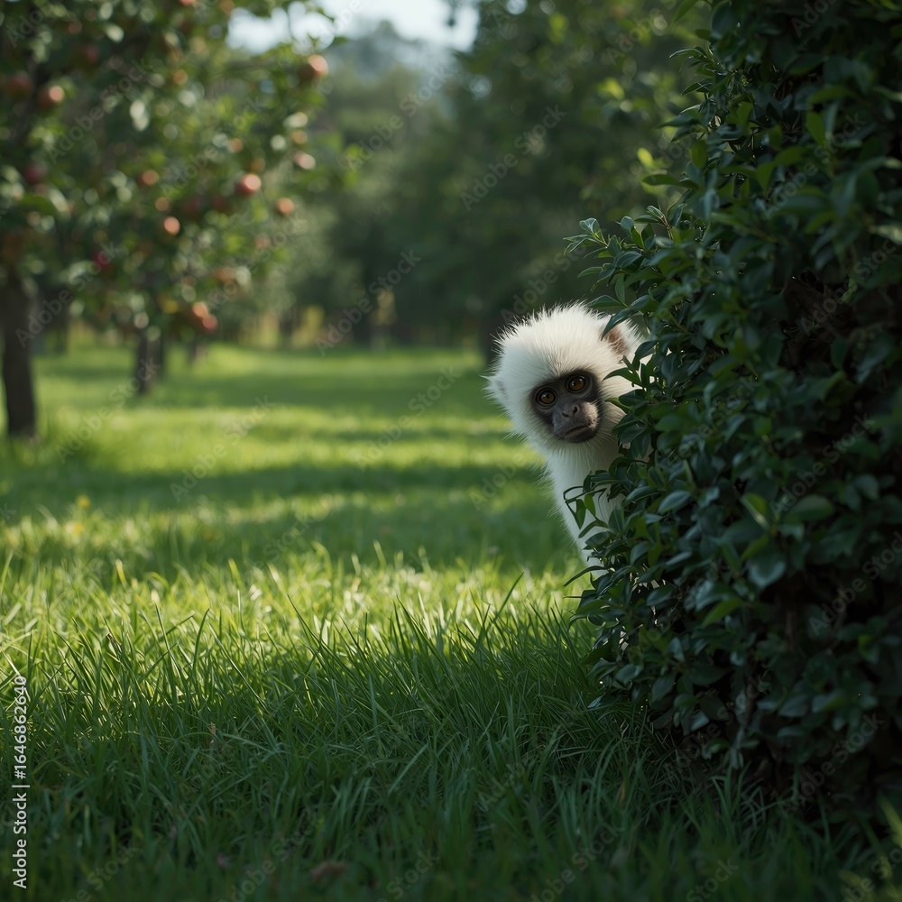 Obraz premium white monkey peeking in the plants 