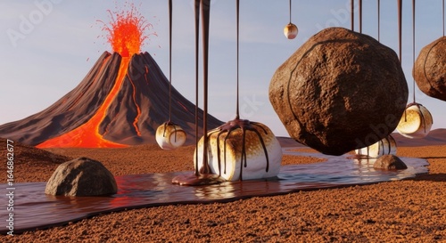 Surreal landscape with chocolate river, marshmallows, and volcano