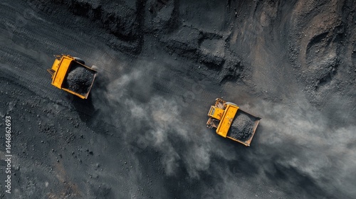 Aerial view of two yellow mining trucks on a dark gray dirt road in a quarry
