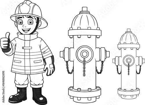 Cute cartoon firefighter character with thumbs up, standing next to two fire hydrants, vector illustration for kids, safety, emergency, fireman, rescue, protection, help concept