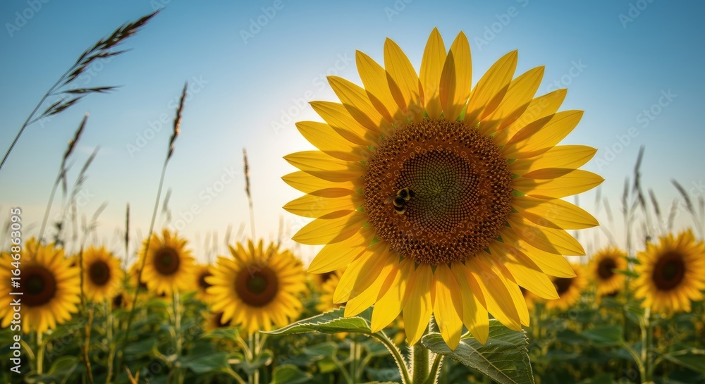 Obraz premium Sunflowers field at sunset