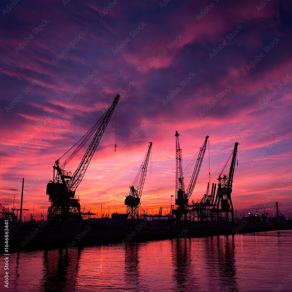 Obraz premium Cranes silhouette against a vibrant sunset over water