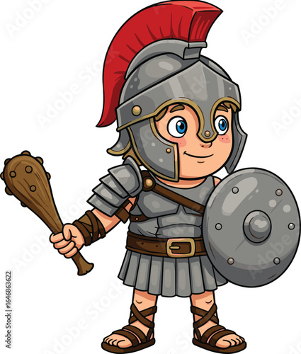 Cartoon gladiator warrior character, Roman soldier illustration, ancient armor costume, cute kid fighter, historical warrior design, vector mascot, fantasy battle hero, children's book illustration