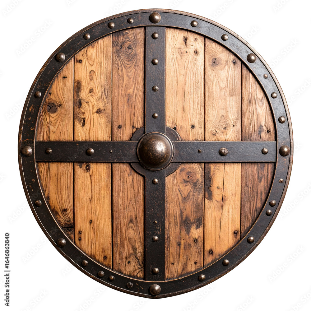 Fototapeta premium Old vintage viking shield with porthole on a wooden door of a ship