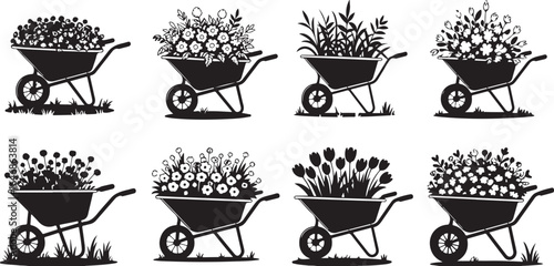 Wheelbarrow with Flowers - Black and White Floral Design Illustrations