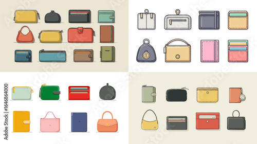 Stylish collection of wallets, purses, and small bags in various shapes and colors, perfect for fashion, retail, and accessories design projects.