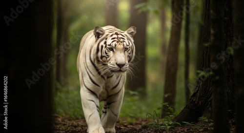 White tiger walking through a serene forest