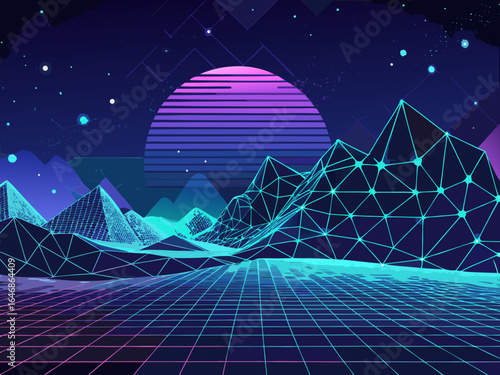 Retro 80s or 90s style landscape with mountains, moon and stars. Vector illustration