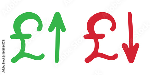 Hand drawn british pound currency symbol Growth and fall profit with arrow up and down Brush stroke doodle Element for design
