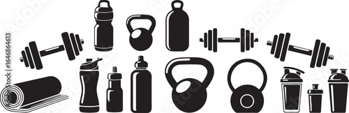 Fitness Equipment Icons - Black and White Gym Gear Illustrations