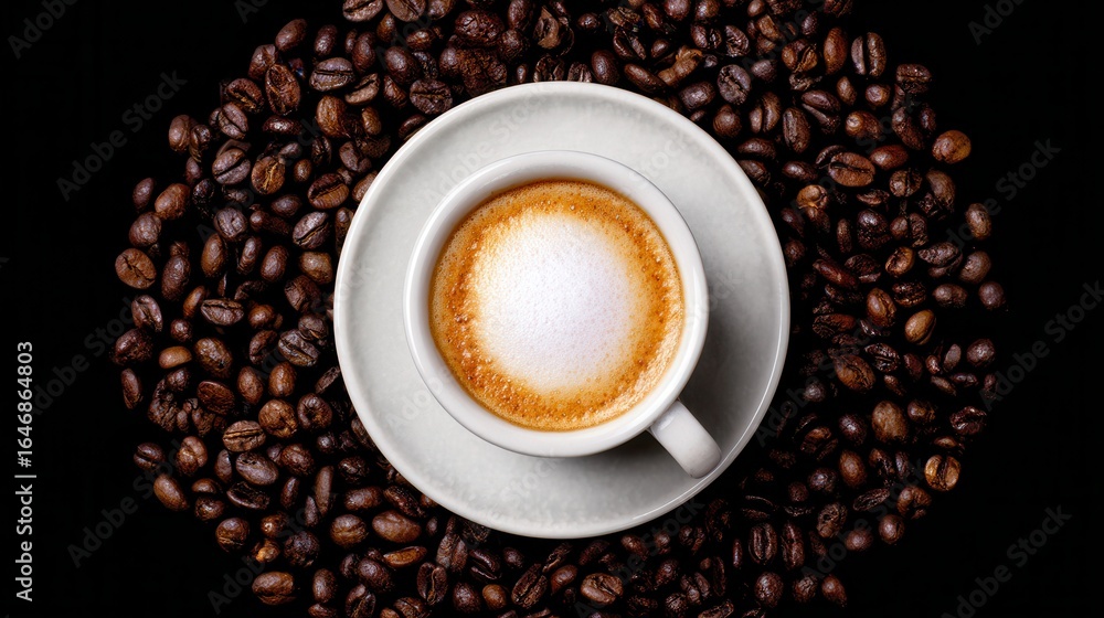 Fototapeta premium Coffee cup surrounded beans on dark background