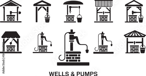 Wells and Pumps Collection - Black and White Water Pump Illustrations