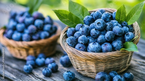 Wallpaper Mural Fresh blueberries in wicker baskets on rustic wooden table with green leaves. National Blueberry Day Torontodigital.ca
