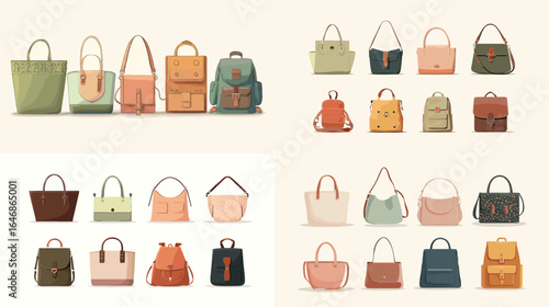 Elegant set of fashionable handbags, totes, and backpacks in various colors and styles, perfect for fashion, retail, and lifestyle design projects.