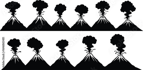 A seamless pattern of volcanic eruptions with smoke and lava, depicting a natural disaster in a flat vector silhouette.