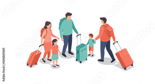 Isometric family traveling with luggage on vacation