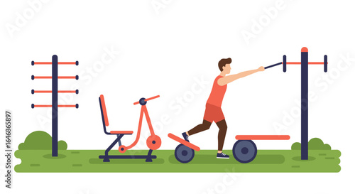 Outdoor fitness park with exercise equipment for strength training and workouts