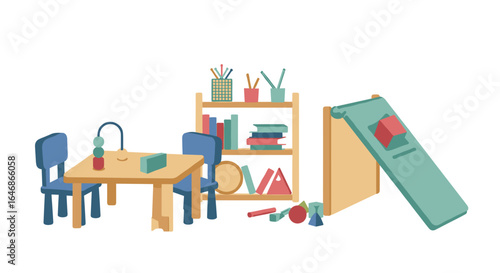 Colorful playroom furniture with educational toys in flat design