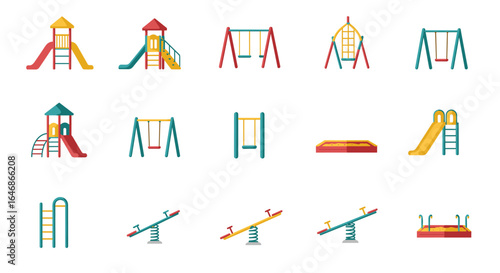 Colorful playground equipment icons: swings, slides, and more in a flat design