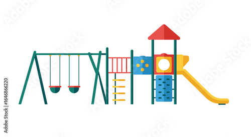 Colorful playground equipment with swings and slide in flat design