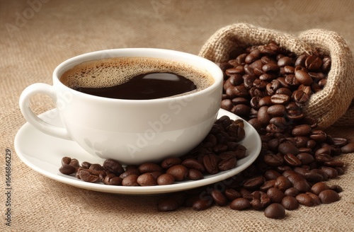 A cup of coffee with beans