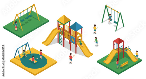 Children playing in colorful playground with swings and slides in isometric style
