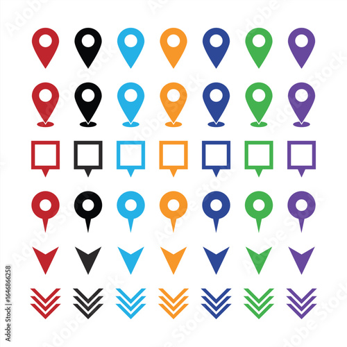 colorful map and location icons, GPS pin and navigation symbols, flat vector pointers for UI design