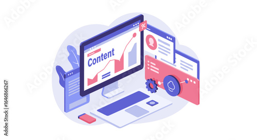 Isometric digital content management on desktop with charts and cloud interface