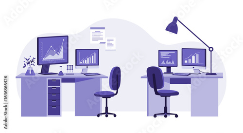 Modern office workspace with computer desks and graph displays in monochrome style