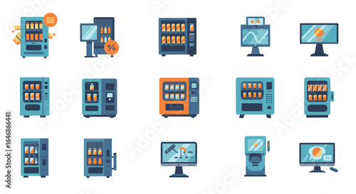 Modern vending machine icons with technology elements and analytics screens