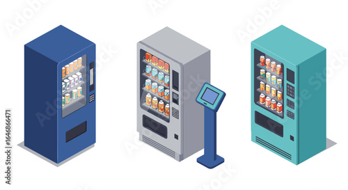 Modern isometric vending machines with digital interface display