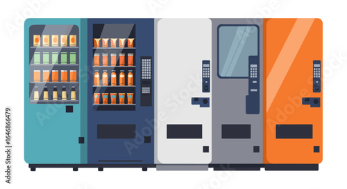 Modern vending machines in colorful array featuring food and beverage options