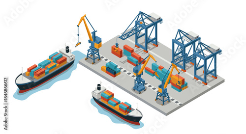 Isometric port with cargo ships and cranes