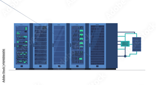 Modern data center equipment with network connected server racks in flat design style