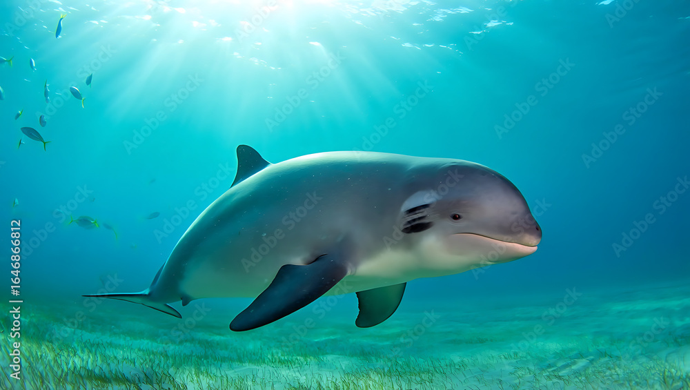 Fototapeta premium A graceful dolphin swims through the clear blue ocean water, illuminated by bright sunbeams filtering from above, with a small school of fish swimming nearby over a sandy seabed