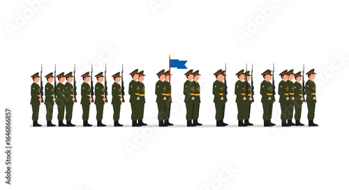 Military parade formation with soldiers in line holding blue flag
