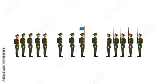 Isometric military parade with soldiers in formation holding flag on white background